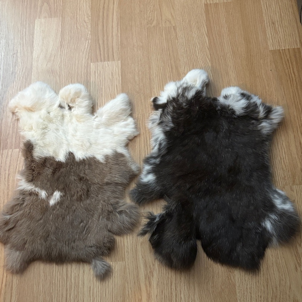 A312 Brown, Black & White Rabbit Fur Pelts — Set of 2